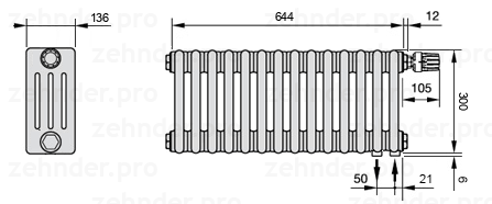 Схема (чертеж) Радиатор Zehnder Charleston 4030/14 №V002 Белый глянцевый RAL 9016